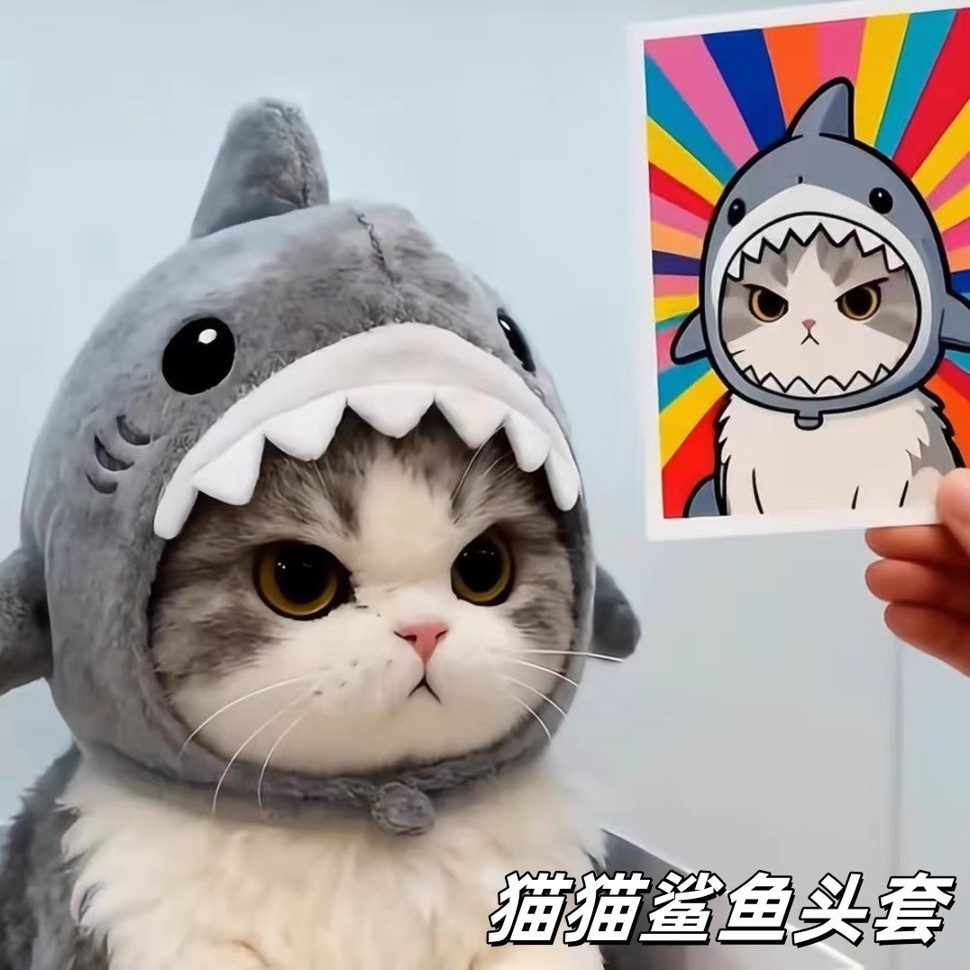 猫咪鲨鱼头套可爱宠物帽子发饰