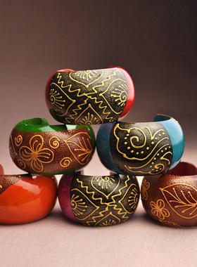 木彩漆半浮木雕手镯东南亚个性