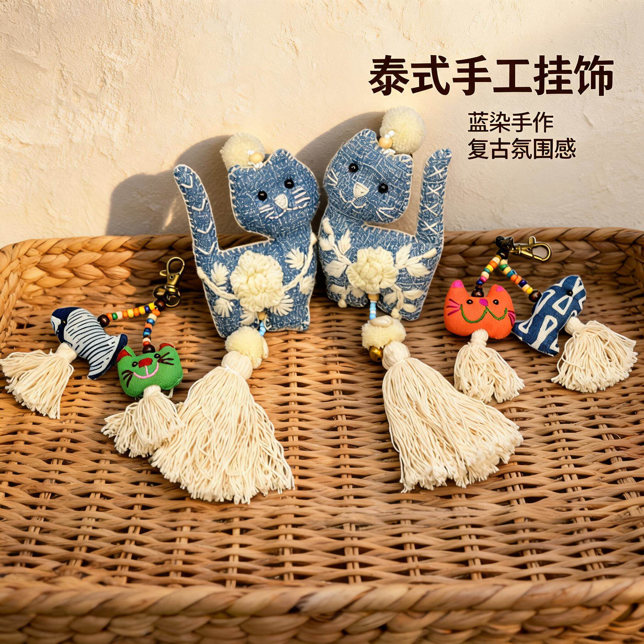 泰国手工钩织可爱小猫挂件布艺钩花猫咪钥匙扣包包车挂饰伴手礼品