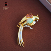 衣锦媚行原创设计s925银镀金欧泊碧玺鹦鹉胸针女宝石镶嵌银饰配饰