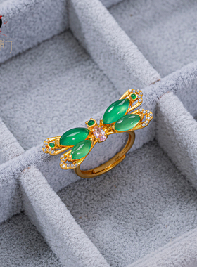 衣锦媚行原创设计s925银镀金绿玛瑙蜻蜓戒指开口可调节女戒指环
