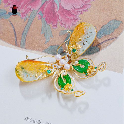 衣锦媚行S925银镀金翡翠珍珠胸针