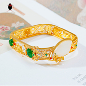 衣锦媚行s925银镀金和田玉扇面翡翠花丝花窗手镯镶嵌宝石精致手饰