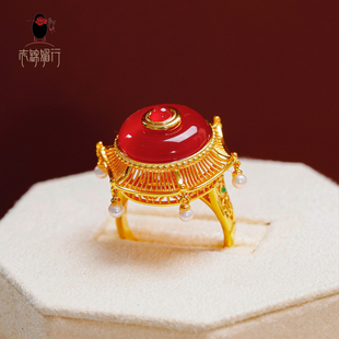 衣锦媚行新中式S925银镀金玛瑙平安扣亭台楼阁戒指女南红镶嵌指环
