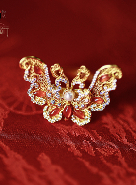 衣锦媚行S925镀金玛瑙蝴蝶戒指