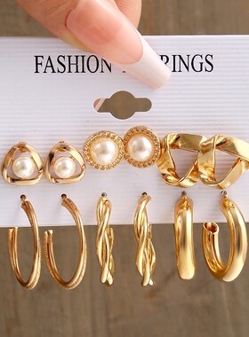 earrings women 金属耳圈复古耳饰赫本风耳环套装6件套earring
