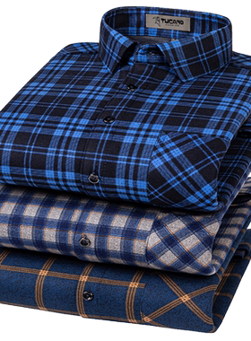 啄木鸟冬季格子保暖衬衫男中年加绒加厚宽松休闲爸爸长袖外套衬衣