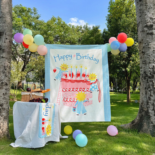 马吉吉ins清新蓝格蛋糕生日挂布