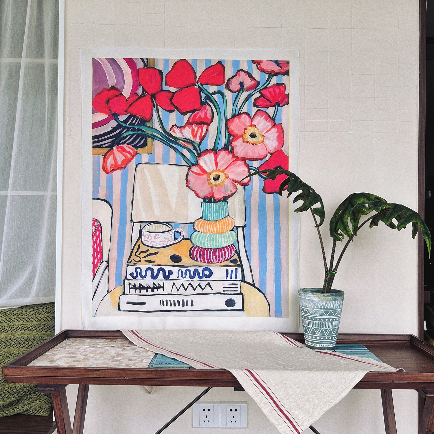 马吉吉 ins艺术花瓶插画装饰背景布房间卧室咖啡店布艺挂画挂布图片