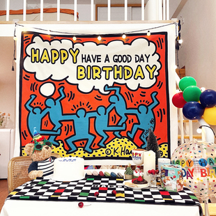 美式涂鸦风成人生日派对背景布嘻哈潮流男友气球装饰海报挂布定制