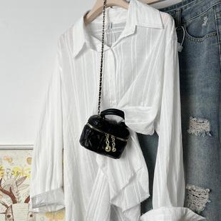 设计感极简竖纹肌理宋慧乔同款慵懒风宽松防晒微透美感长袖衬衫女
