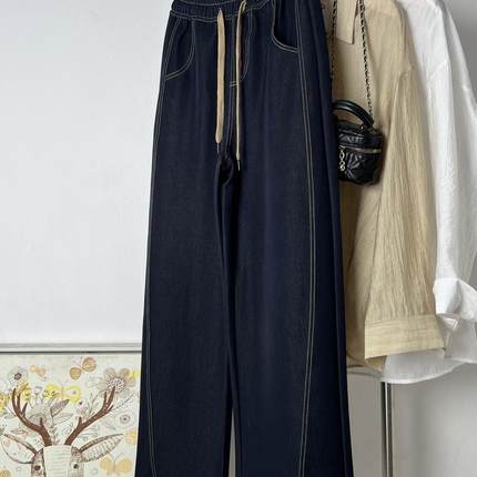 设计感小众新松紧腰抽绳显瘦明线修容香蕉裤垂感暗蓝色牛仔裤长裤