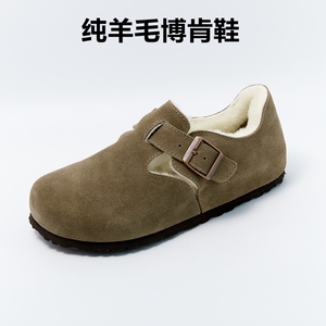 勃肯鞋女秋冬季保暖加绒纯羊皮毛博肯包跟拖鞋厚底防滑外穿不臭脚
