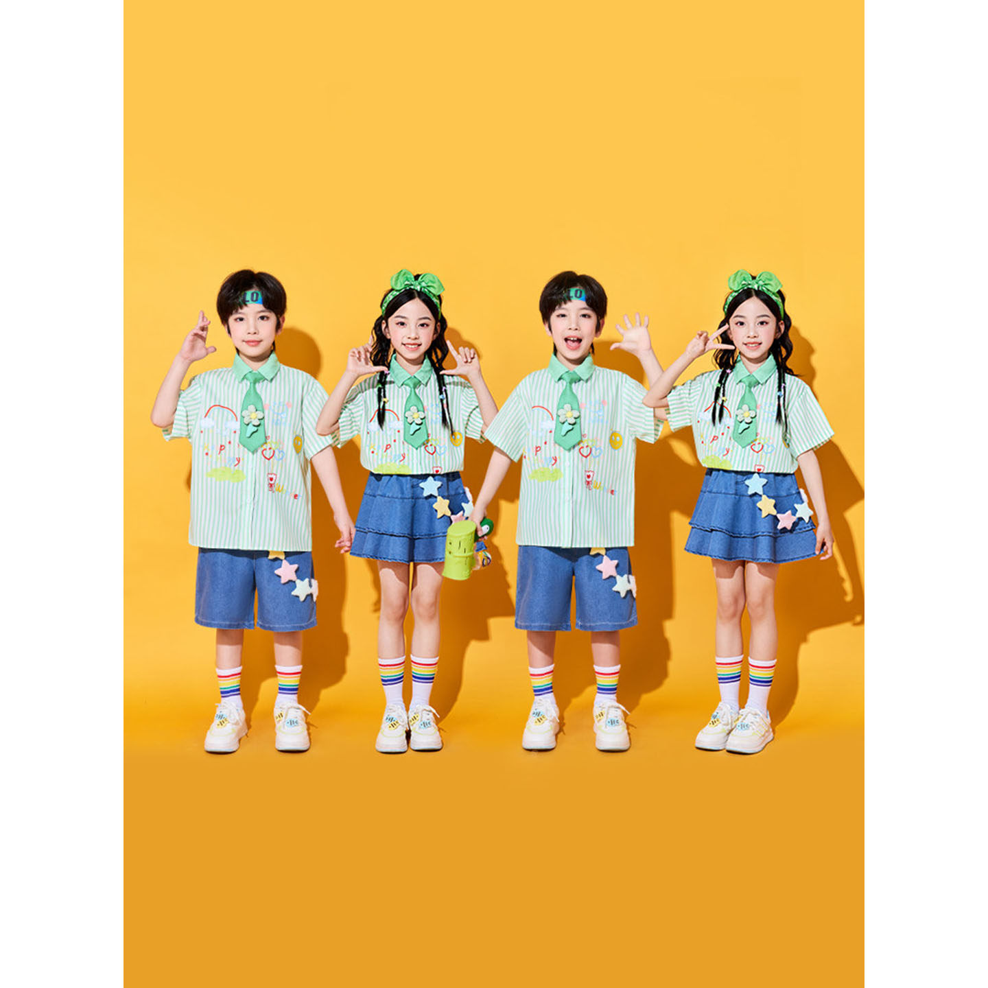 六一儿童演出服小学生运动会啦啦操绿色条纹衬衫班服表演服合唱服