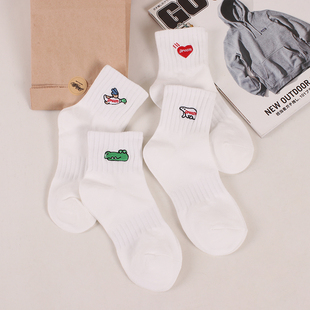 四双装 白色短袜子男女日系cityboy风卡通刺绣街头吸汗潮袜 春夏季
