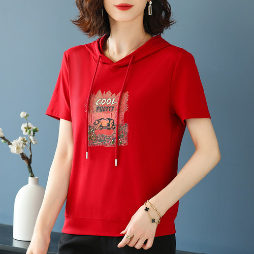 短袖t恤女连帽宽松减龄遮肚子