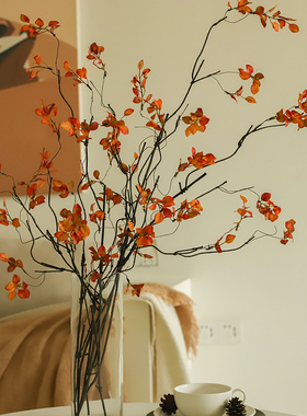 NA家花房仿真绿植秋叶红色藤蔓野莓叶榕树枝软装插花摄影拍摄道具