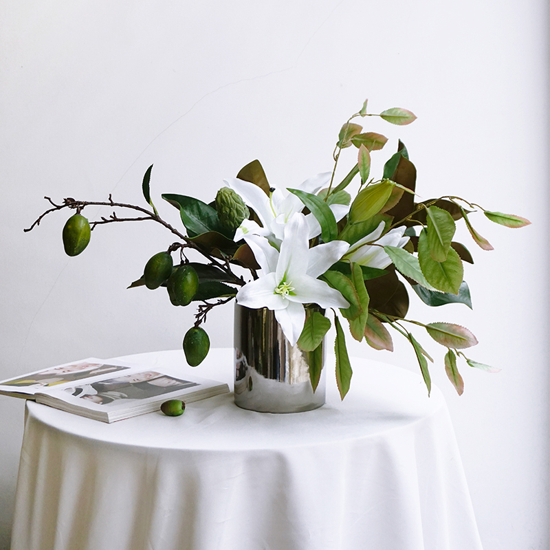 NA家花房白绿色自然森系桌花高品质百合仿真花艺餐厅装饰民宿装饰