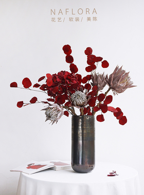 NA家花房复古艺术红色花束仿真花假花干花家居卧室装饰品拍摄道具