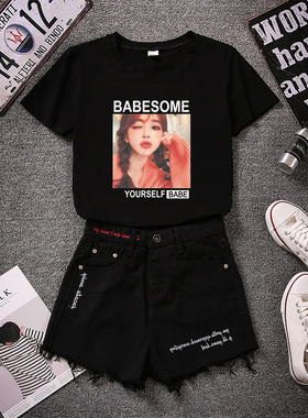 夏装2023新款超火cec短袖白色t恤女刺绣阔腿牛仔短裤休闲运动套潮