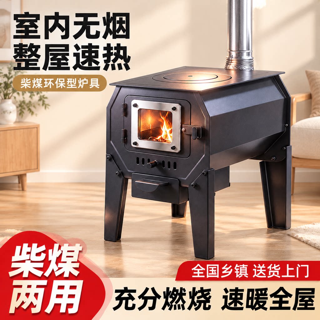 柴火取暖炉家用室内无烟采暖炉炭烤火炉子冬季新款柴煤两用柴火灶