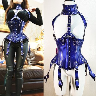 Annzley蓝色漆皮双钢骨束腰套装 短款 性感腰封外穿束身衣corset