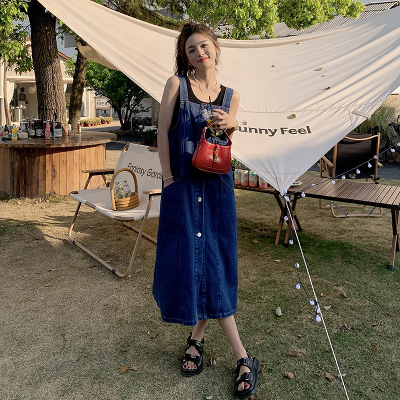 牛仔背带连衣裙女夏设计感小众长裙2025新款夏装港味复古chic裙子,女装牛仔裤,浙宝185