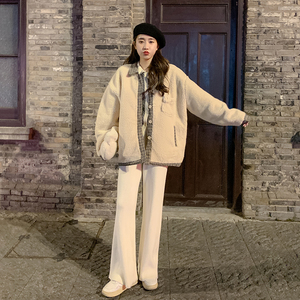 格子拼接羊羔毛外套女2025冬季新款学院风宽松减龄小个子皮毛一体图片