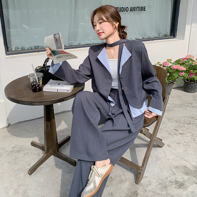 灰色假两件设计感西装女2025春新款西服阔腿裤ootd穿搭,女装短外套,浙宝185