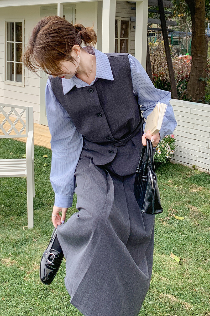 灰色正式场合穿搭套装裙女2025春季新款气质通勤马甲半身裙三件套,女装套装/套裙,浙宝185