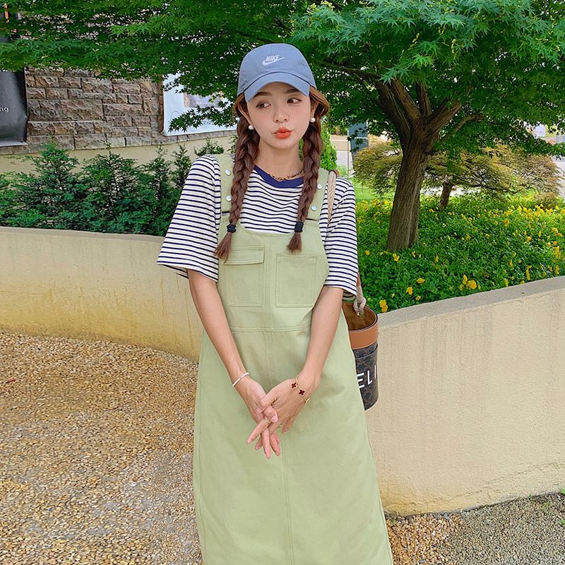 甜美可爱绿色工装背带裙子女2024夏季新款可盐可甜宽松显瘦休闲裙,女装连衣裙,浙宝185