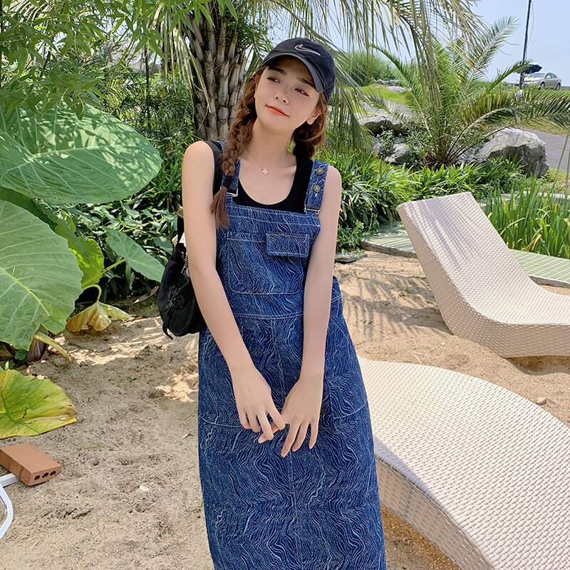 法式复古温柔风提花牛仔减龄时尚背带裙女宽松显瘦直筒背带连衣裙,女装连衣裙,浙宝185