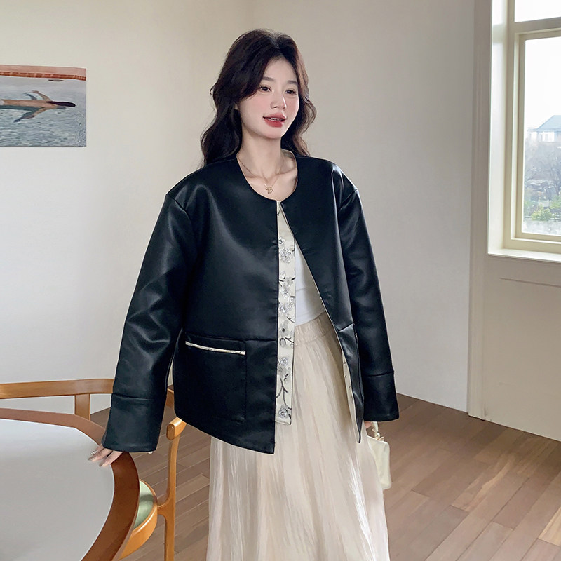 新中式两面穿提花皮衣外套女2025春季新款设计感气质时尚夹克上衣,女装皮衣,浙宝185