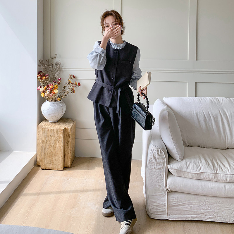 灰色西装马甲套装女春秋2025新款超火ootd穿搭高级感阔腿裤三件套,女装套装/套裙,浙宝185
