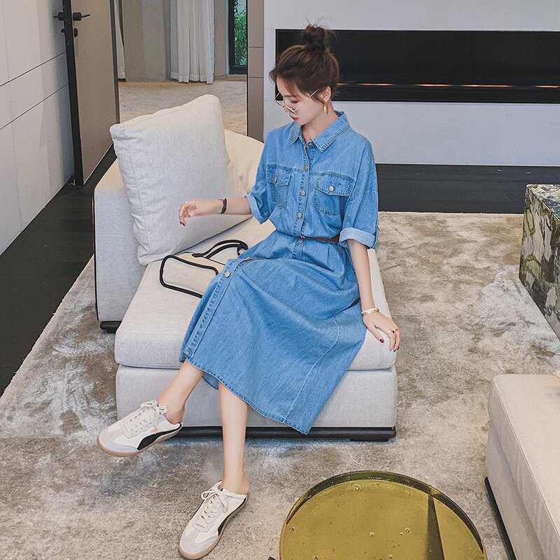 现货牛仔连衣裙短袖收腰气质通勤裙子317-MY8023-P115-K178,女装连衣裙,浙宝185