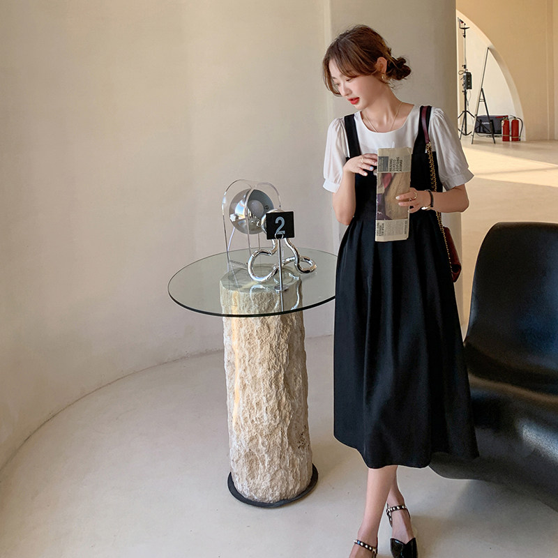 茶歇法式假两件背带连衣裙女夏显瘦2025新款小众设计拼接气质长裙,女装连衣裙,浙宝185