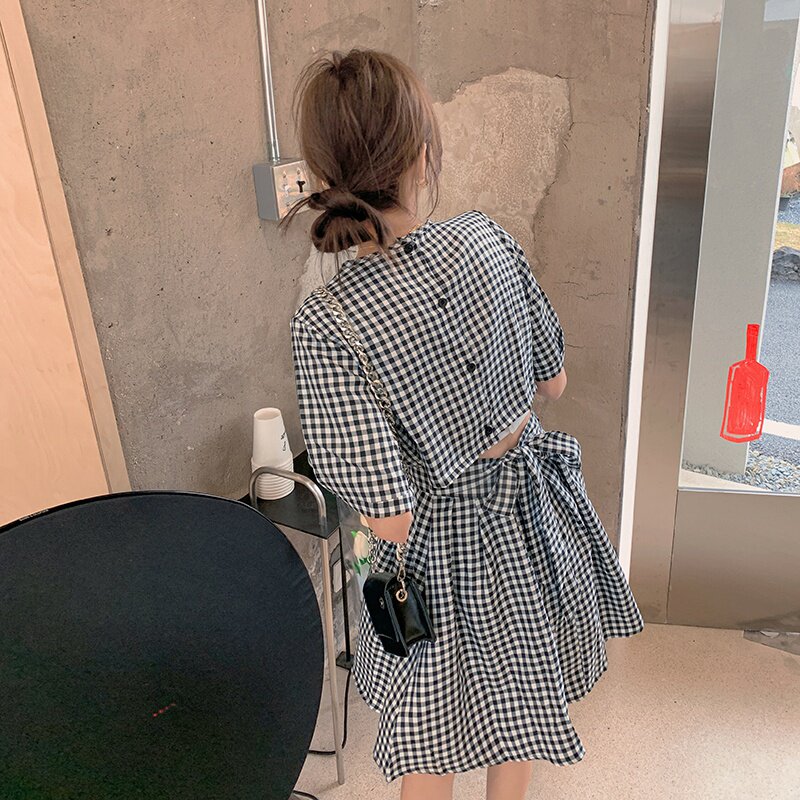 黑白格子度假连衣裙女夏2025新款小个子心机露腰绝美别致辣妹裙子,女装连衣裙,浙宝185