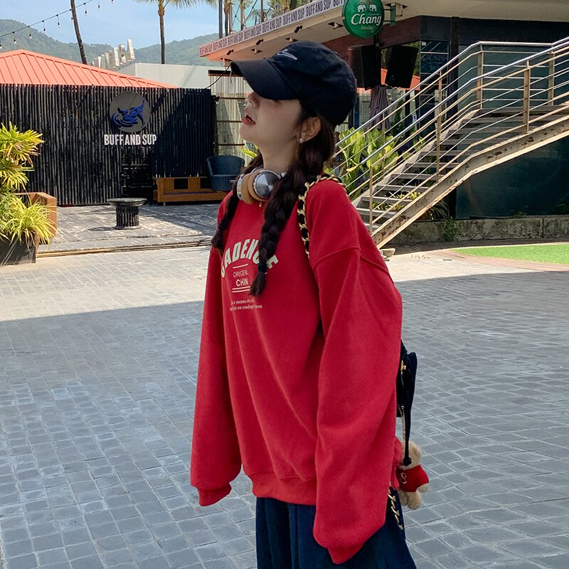 美式复古红色圆领字母卫衣女春秋款2025新款学院风洋气宽松上衣潮图片
