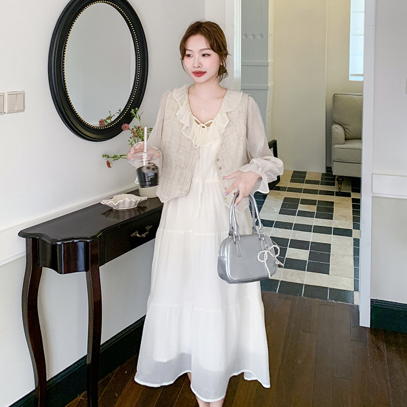小香风马甲连衣裙套装女2025春季新款法式超好看木耳边长裙两件套,女装套装/套裙,浙宝185