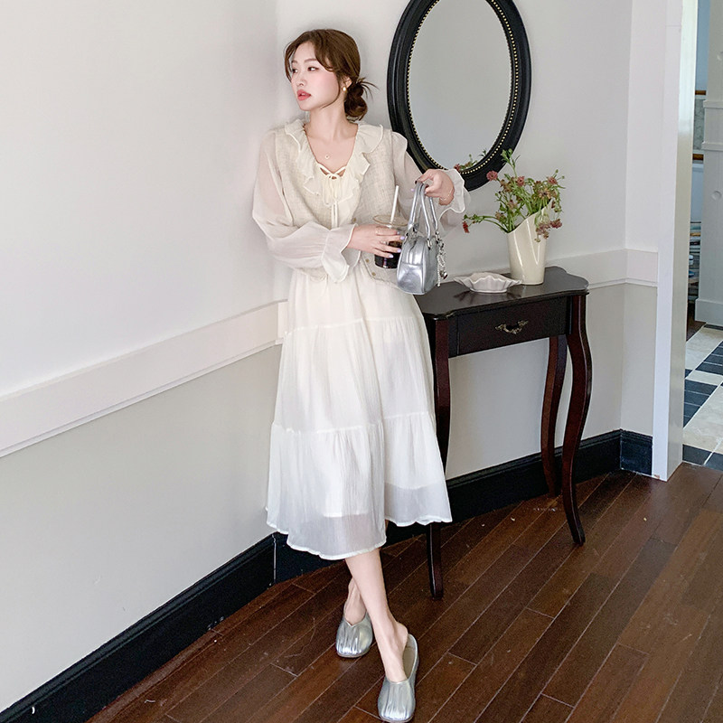 小香风马甲连衣裙套装女2025春季新款法式超好看木耳边长裙两件套,女装套装/套裙,浙宝185