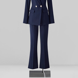 藏青色职业面试微喇西装裤女垂感直筒工装正装小个子喇叭阔腿裤子