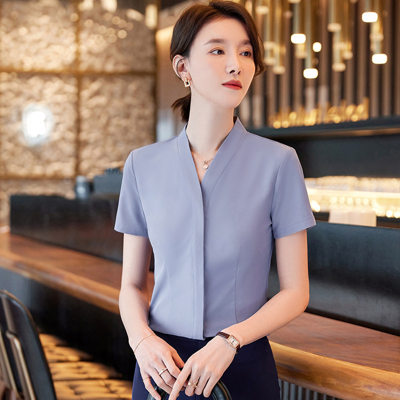 职业装衬衫女2026新款v领西装内搭打底工作服夏季短袖白衬衣套装