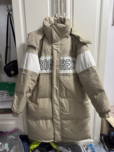 连帽鸭绒外套 可拆卸帽宽松撞色拼接中长款 美特斯正品 羽绒服男冬季