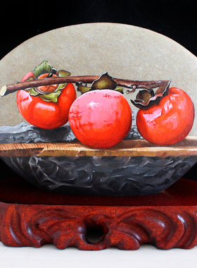 柿柿事事如意纯手工绘画水果静物石头画摆件家居书房艺术装饰礼物