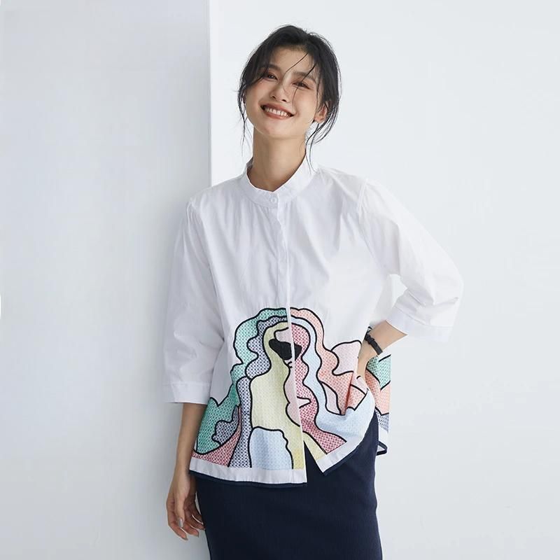 欧洲站春秋新款韩版衬衫女七分袖时尚绣花立领a字娃娃衫上衣夏季