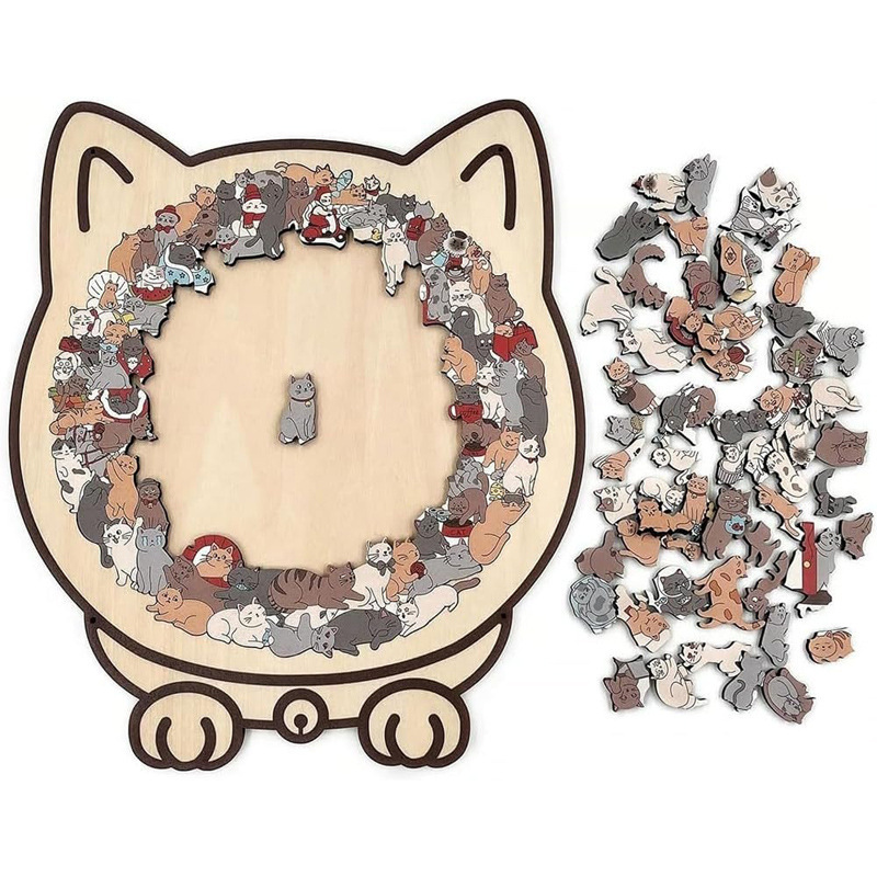 跨境新品Cats Shaped Wooden Puzzle 独特的猫咪形状木制拼图礼物