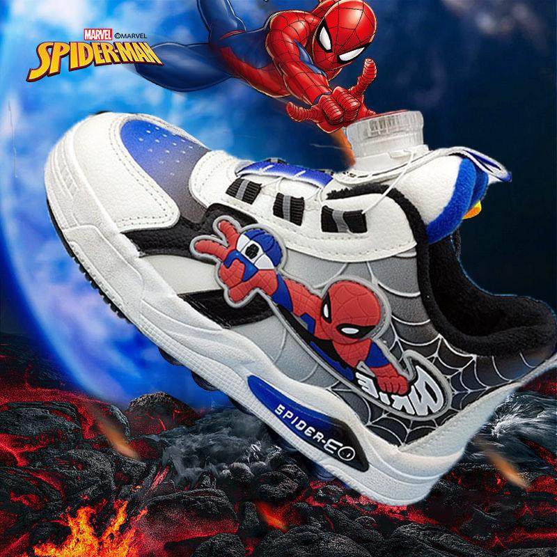 蜘蛛侠闪灯男童加绒运动小板鞋2025冬季小童男孩旋纽扣休闲鞋