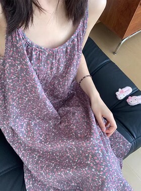 紫色小碎花吊带睡裙女夏季薄款甜美宽松中长款无袖连衣裙家居服