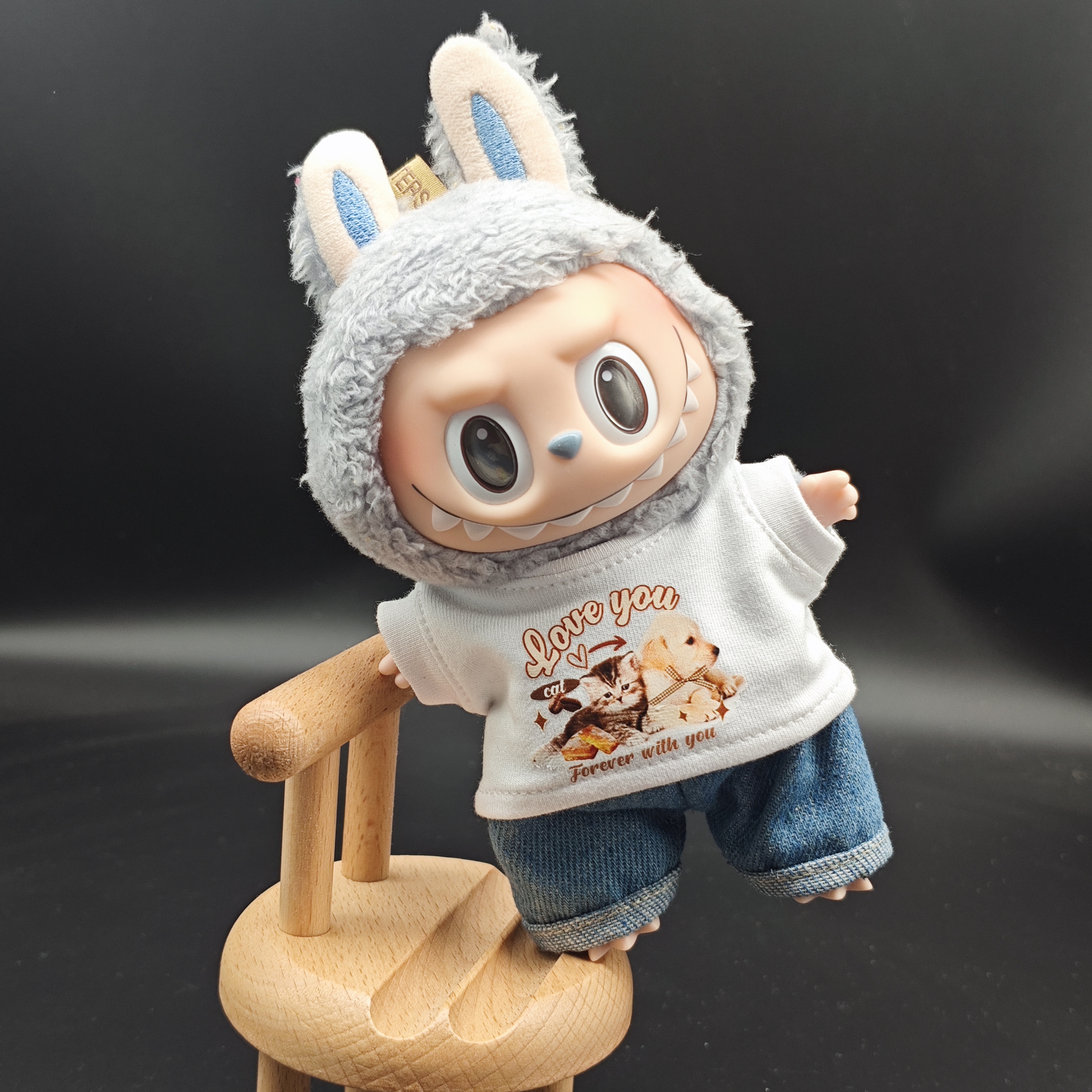 17cm拉布布上衣牛仔裤两件套可爱图案labubu搪胶脸马卡龙盲盒衣服