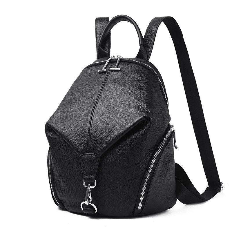头层牛皮真皮双肩包女大容量百搭休闲背包中年女士黑色拉链包